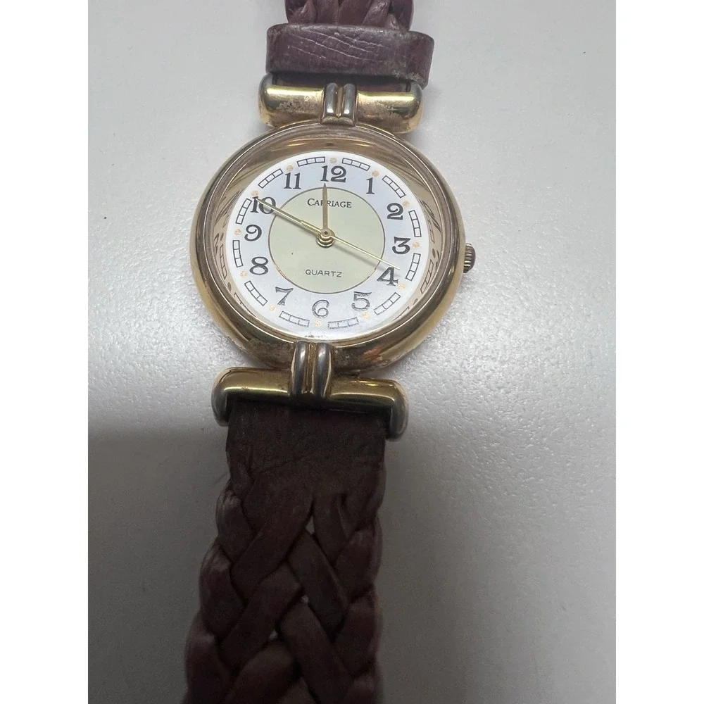 Vintage Timex Carriage Womens Watch 26mm Gold Case Brown Braided Leather W7